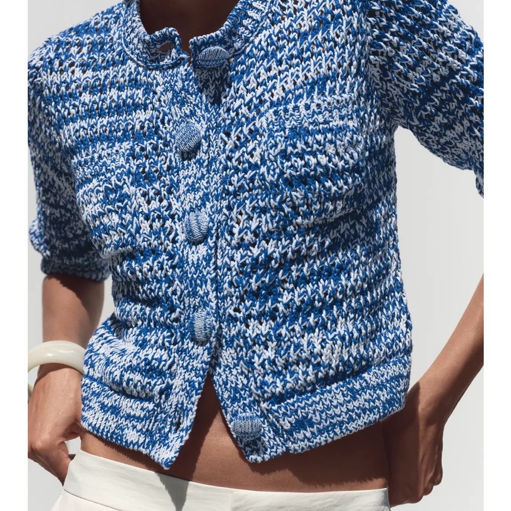 NWT ZARA Knit Cotton Cardigan Blue Size Small